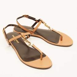 Saint Laurent Brown Leather Cassandra Flat Sandals Size 37
