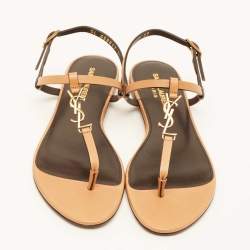 Saint Laurent Brown Leather Cassandra Flat Sandals Size 37
