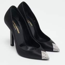مملوكة مسبقًا حذاء كعب عالي سان لوران مقدمة مدببة كريستال مزين ساتان أسود تاور 110 مقاس 36