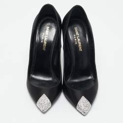 مملوكة مسبقًا حذاء كعب عالي سان لوران مقدمة مدببة كريستال مزين ساتان أسود تاور 110 مقاس 36