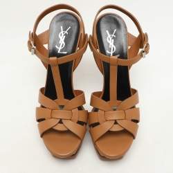 Saint Laurent Brown Leather Tribute Platform Sandals Size 40