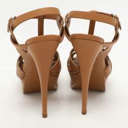 Saint Laurent Brown Leather Tribute Platform Sandals Size 40