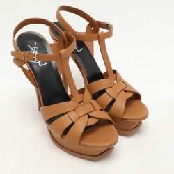 Saint Laurent Brown Leather Tribute Platform Sandals Size 40