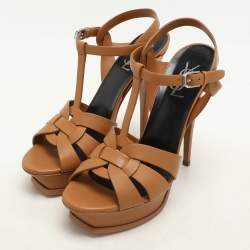 Saint Laurent Brown Leather Tribute Platform Sandals Size 40