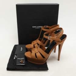 Saint Laurent Brown Leather Tribute Platform Sandals Size 40