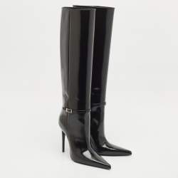 Saint Laurent Black Glazed Leather Vendome Knee Length Boots Size 39 