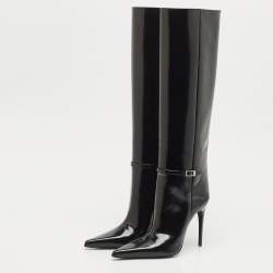 Saint Laurent Black Glazed Leather Vendome Knee Length Boots Size 39 