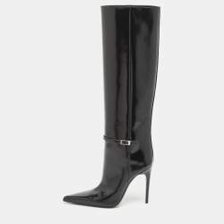 Saint Laurent Black Glazed Leather Vendome Knee Length Boots Size 39 