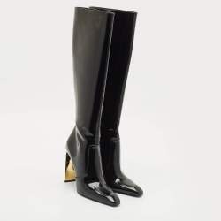 Saint Laurent Black Glazed Leather Auteuil Knee Length Boots Size 40