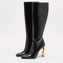 Saint Laurent Black Glazed Leather Auteuil Knee Length Boots Size 40