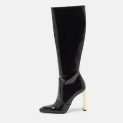 Saint Laurent Black Glazed Leather Auteuil Knee Length Boots Size 40