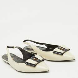 Saint Laurent White/Navy Blue Leather Anais Slingback Flats Size 37