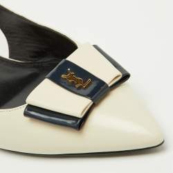 Saint Laurent White/Navy Blue Leather Anais Slingback Flats Size 37