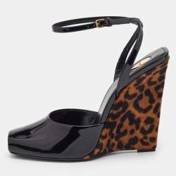 Saint Laurent Black Patent Leather Orhand Wedge Sandals Size 41