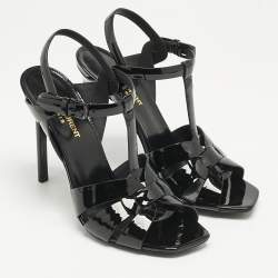 Pre Owned Saint Laurent Black Patent Leather Tribute Sandals Size 38