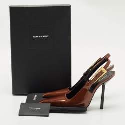 Pre Owned Saint Laurent Brown Patent Leather Lee Slingback Pumps Size 39