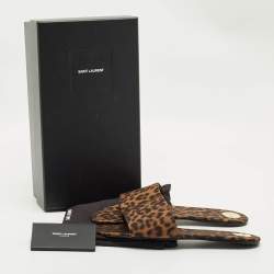 Pre Owned Saint Laurent Brown Leopard Print Grosgrain Carlyle Flat Slides Size 39
