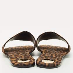 Pre Owned Saint Laurent Brown Leopard Print Grosgrain Carlyle Flat Slides Size 39