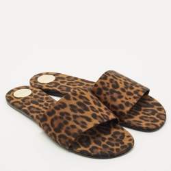 Pre Owned Saint Laurent Brown Leopard Print Grosgrain Carlyle Flat Slides Size 39