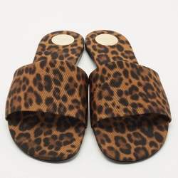 Pre Owned Saint Laurent Brown Leopard Print Grosgrain Carlyle Flat Slides Size 39