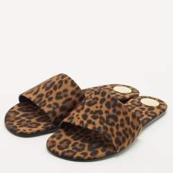 Pre Owned Saint Laurent Brown Leopard Print Grosgrain Carlyle Flat Slides Size 39