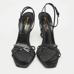 مملوكة مسبقًا صندل سان لوران باريس أوبن سير أبيوم بكعب ومشبك جلدي أسود مقاس 39.5