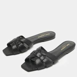 Pre Owned Saint Laurent Black Leather Tribute Flat Slide Size 37