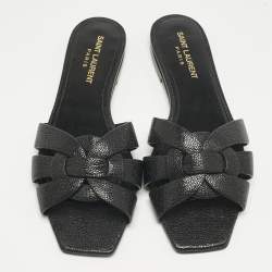 Pre Owned Saint Laurent Black Leather Tribute Flat Slide Size 37