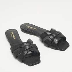 Pre Owned Saint Laurent Black Leather Tribute Flat Slide Size 37