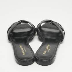 Pre Owned Saint Laurent Black Leather Tribute Flat Slide Size 37
