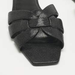 Pre Owned Saint Laurent Black Leather Tribute Flat Slide Size 37