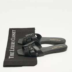 Pre Owned Saint Laurent Black Leather Tribute Flat Slide Size 37