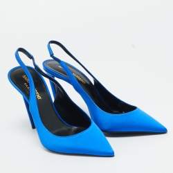 Pre Owned Saint Laurent Blue Satin Zoe Slingback Pumps Size 37.5