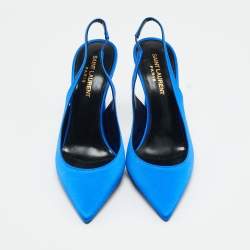 Pre Owned Saint Laurent Blue Satin Zoe Slingback Pumps Size 37.5