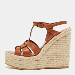 مملوكة مسبقًا Saint Laurent Brown Leather Tribute Espadrille Wedge Sandals Size 39.5