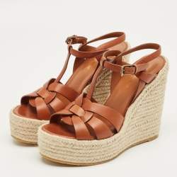 Pre Owned صندل سان لوران \"تريبوت\" جلد أسود نعل إسفين حبال قياس 37.5