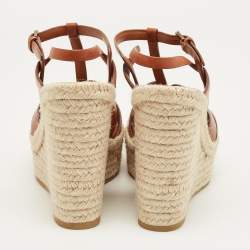 Pre Owned صندل سان لوران \"تريبوت\" جلد أسود نعل إسفين حبال قياس 37.5