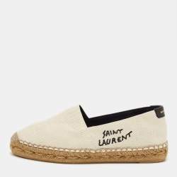 Pre Owned Saint Laurent Cream Canvas Logo Embroidered Slip On Espadrille Flats Size 34