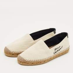 Pre Owned Saint Laurent Cream Canvas Logo Embroidered Slip On Espadrille Flats Size 34