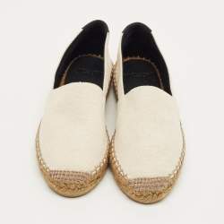 Pre Owned Saint Laurent Cream Canvas Logo Embroidered Slip On Espadrille Flats Size 34