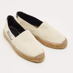 Pre Owned Saint Laurent Cream Canvas Logo Embroidered Slip On Espadrille Flats Size 34