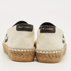 Pre Owned Saint Laurent Cream Canvas Logo Embroidered Slip On Espadrille Flats Size 34
