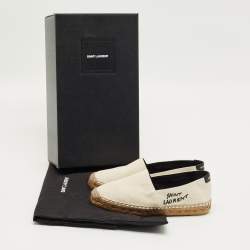 Pre Owned Saint Laurent Cream Canvas Logo Embroidered Slip On Espadrille Flats Size 34