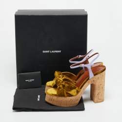 Pre Owned Saint Laurent Gold/Lilac Velvet and Patent Leather Bianca Sandals Size 39