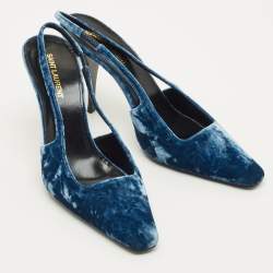 Pre Owned Saint Laurent Size 38.5 Navy Blue Velvet Slingback Pumps