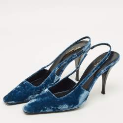 Pre Owned Saint Laurent Size 38.5 Navy Blue Velvet Slingback Pumps