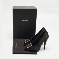 مملوكة مسبقًا Saint Laurent Franky Size 38.5 Black Satin Peep Toe Pumps