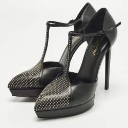 مملوكة مسبقًا حذاء كعب عالي سان لوران باريس جانيس جلد أسود مرصع سير حرف تي نعل سميك مقاس 38