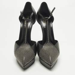 مملوكة مسبقًا حذاء كعب عالي سان لوران باريس جانيس جلد أسود مرصع سير حرف تي نعل سميك مقاس 38