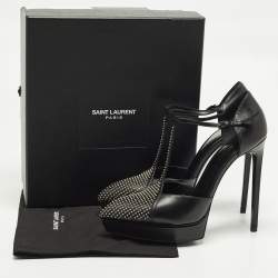 مملوكة مسبقًا حذاء كعب عالي سان لوران باريس جانيس جلد أسود مرصع سير حرف تي نعل  سميك مقاس 38